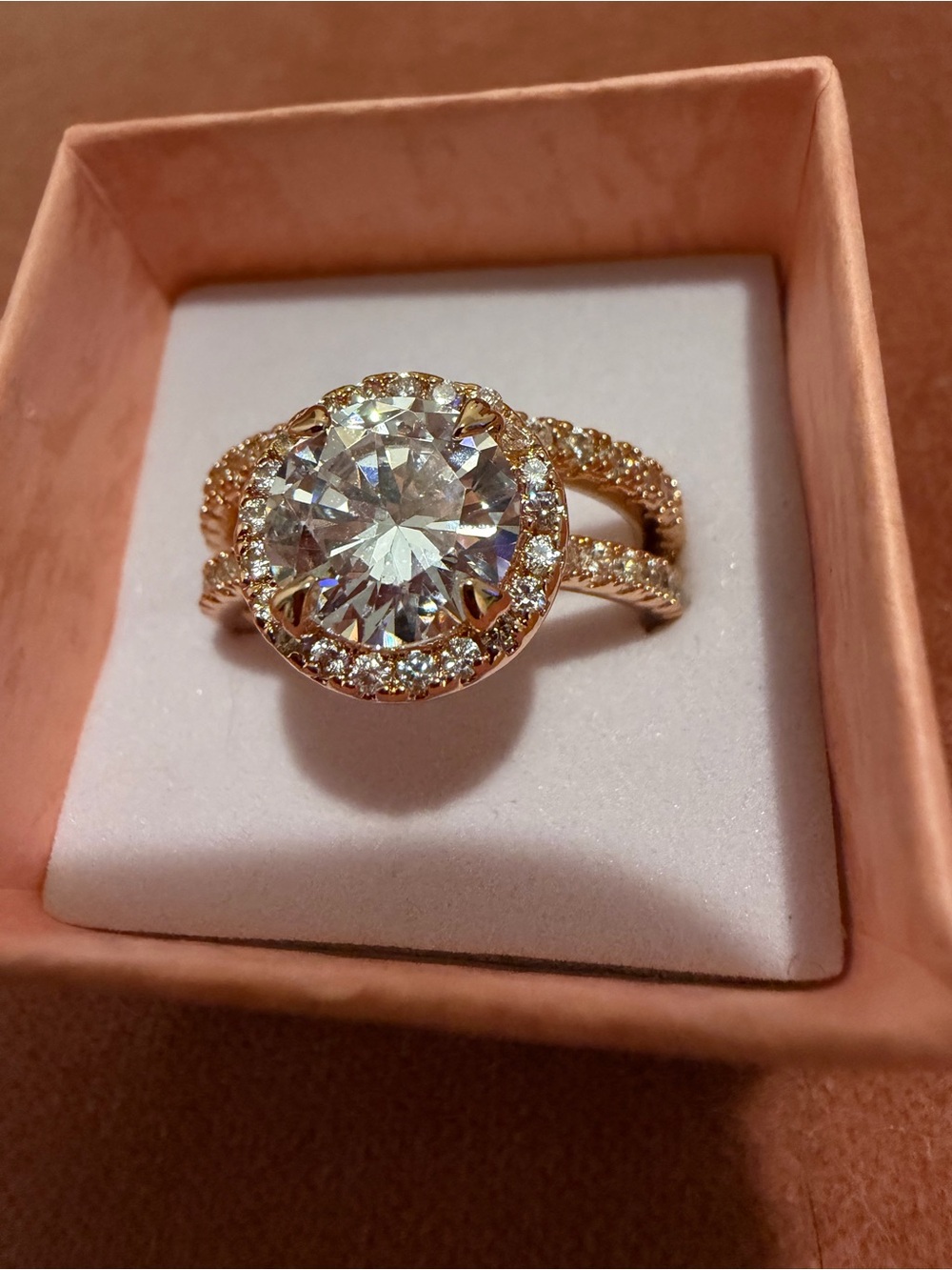Women’s Rose Gold Halo Engagement Ring with Clear Center Stone